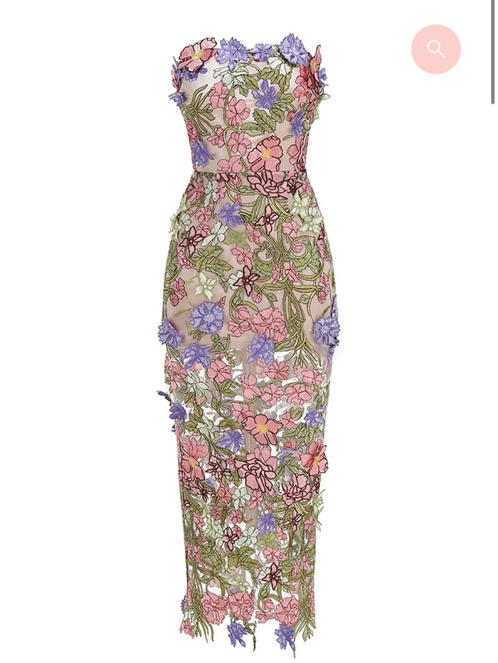 Strapless Floral Embroidered Midi Dress in Pink and Lavender